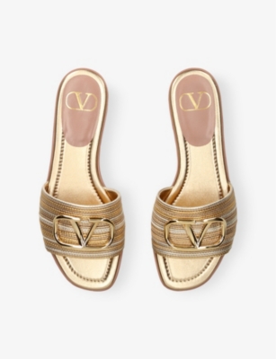 Valentino Garavani Vlogo Signature Metallic Leather Slide Sandal With Cornely Embroidery Woman Gold  In Gold Comb