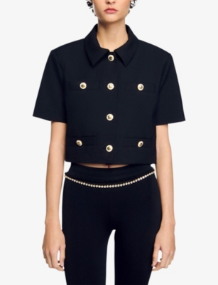 Short-sleeved cropped wool-blend jacket