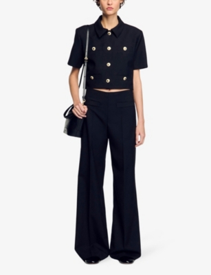 Sandro Womens  Wide-leg Mid-rise Wool-blend Trousers In Noir / Gris