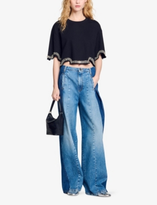 SANDRO: Rhinestone-Trim Cropped Cotton-Jersey T-Shirt