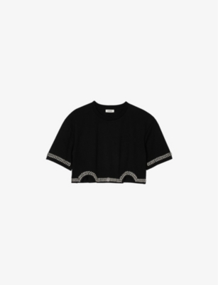 SANDRO: Rhinestone-Trim Cropped Cotton-Jersey T-Shirt