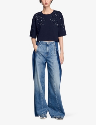 Sandro Cotton-blend Beaded Algarve T-shirt In Bleus