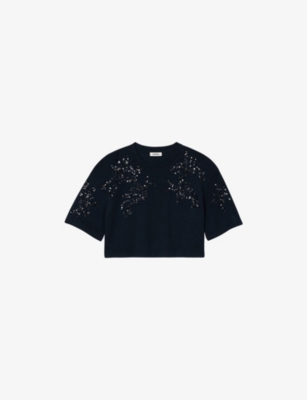 Sandro Cotton-blend Beaded Algarve T-shirt In Bleus