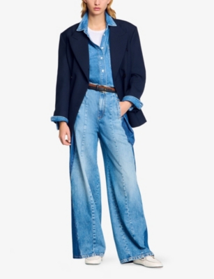 Shop Sandro Womens Bleus Contrast-panel Wide-leg Denim Jeans