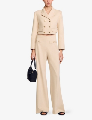 Sandro Womens  Button-embellished Wide-leg High-rise Cotton Trousers In Naturels