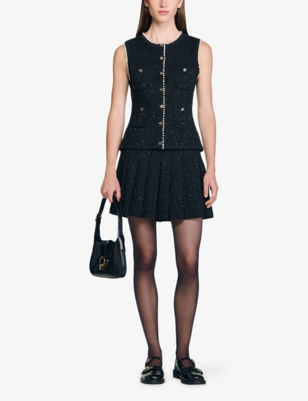 Patch-pocket faux-pearl trim tweed waistcoat