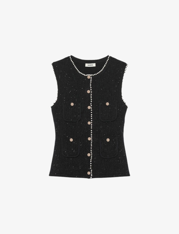 Patch-pocket faux-pearl trim tweed waistcoat