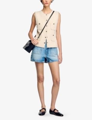 Sandro Womens Patch-pocket Faux-pearl Trim Tweed Waistcoat Naturels In Naturels