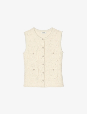 Sandro Womens Patch-pocket Faux-pearl Trim Tweed Waistcoat Naturels In Naturels