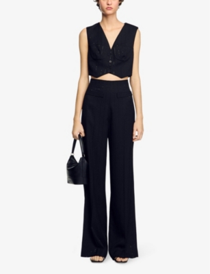 Sandro Womens  Sequin-embellished Straight-leg Woven Trousers In Noir / Gris