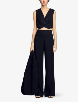 SANDRO WOMENS NOIR / GRIS SEQUIN-EMBELLISHED CROPPED WOVEN TOP