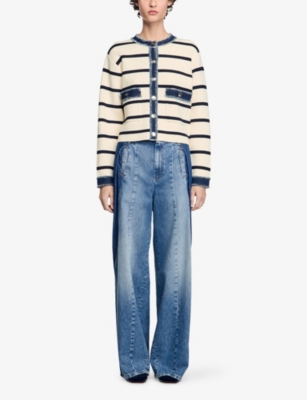 SANDRO WOMENS NATURELS DENIM-TRIM STRIPE-PATTERN KNITTED CARDIGAN 