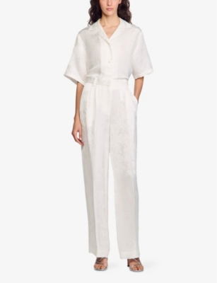 Sandro Womens Floral-pattern Straight-leg Woven Trousers Naturels In Naturels