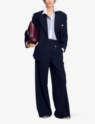 Sandro Womens Wide-leg High-rise Wool-blend Suit Trousers Bleus In Bleus