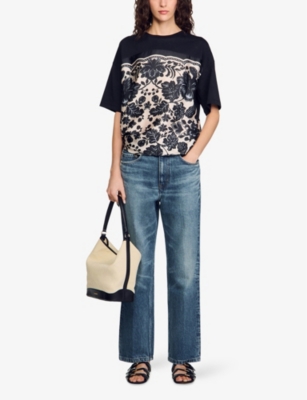 SANDRO: Floral-Pattern Tie-Hem Cotton T-Shirt