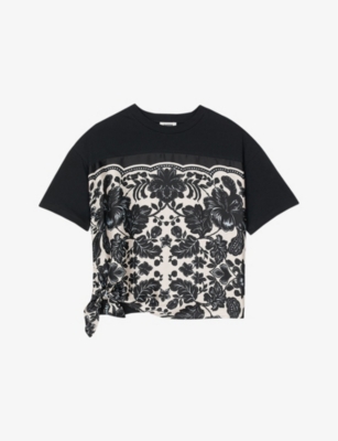 SANDRO: Floral-Pattern Tie-Hem Cotton T-Shirt