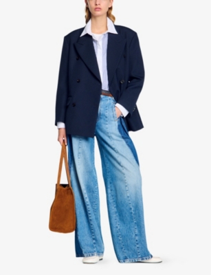 Sandro Womens  Double-breasted Side-pocket Woven Blazer In Bleus