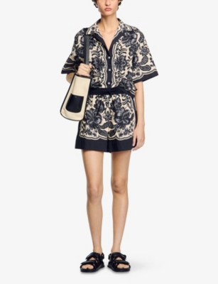 Sandro Womens  Floral-motif Relaxed-fit Cotton Shorts In Naturels