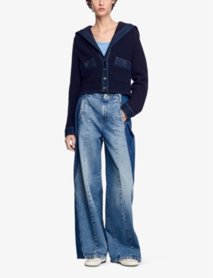 SANDRO: Denim-Trim Terry-Knit Cotton-Blend Cardigan