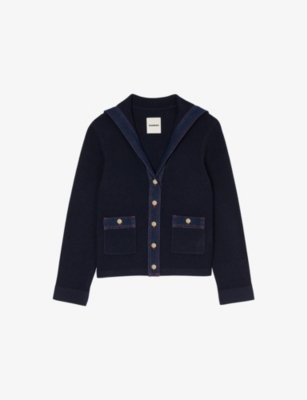 SANDRO: Denim-Trim Terry-Knit Cotton-Blend Cardigan