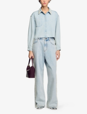SANDRO WOMENS DENIM - JEAN BEAD-EMBELLISHED STRAIGHT-LEG DENIM JEANS 