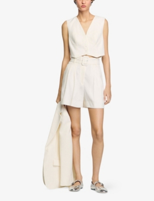 Sandro Womens Naturels Sequin-embellished Belted Woven Shorts In Naturels