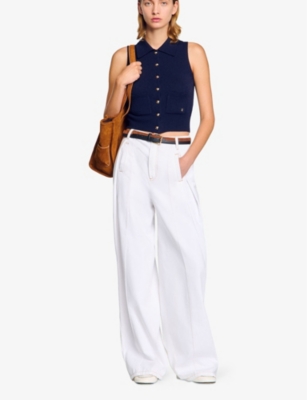 Sandro Womens  Sleeveless Side-pocket Wool And Cashmere Vest In Bleus