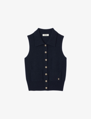 Sandro Womens  Sleeveless Side-pocket Wool And Cashmere Vest In Bleus