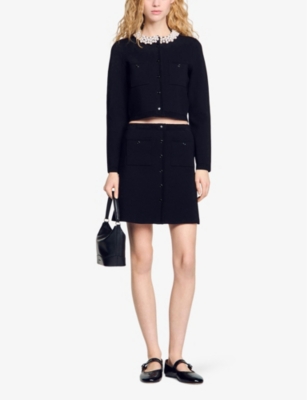 Sandro Womens  Button-up Side-pocket Stretch-woven Mini Skirt In Noir / Gris