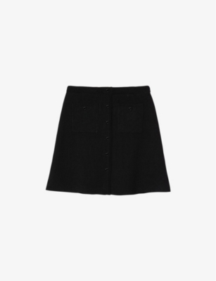 Sandro Womens  Button-up Side-pocket Stretch-woven Mini Skirt In Noir / Gris