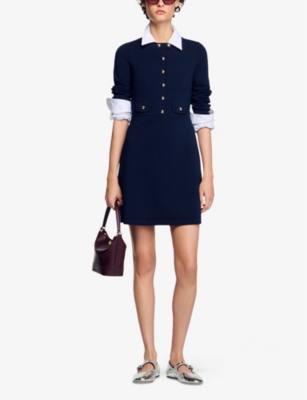 Sandro Womens Bleus Long-sleeved Side-pocket Knitted Mini Dress In Bleus