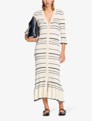 SANDRO: Striped V-neck knitted midi dress