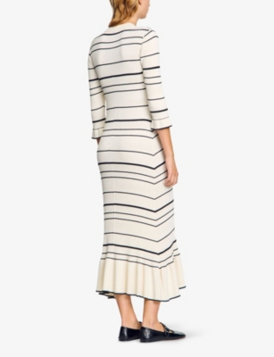 Striped V-neck knitted midi dress