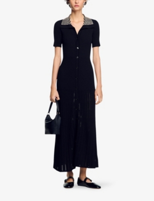 SANDRO: Stud-embellished ribbed-knit stretch-woven maxi dress