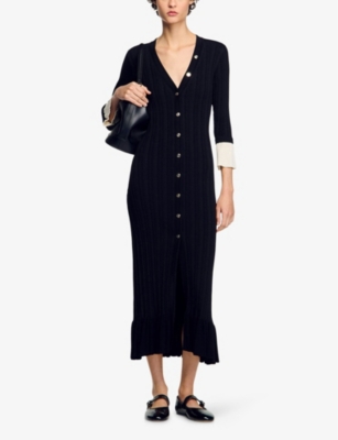 Sandro Womens  V-neck Contrast-cuff Knitted Midi Dress In Noir / Gris