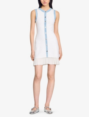 SANDRO: Ruffle-hem contrast-trim stretch-knit mini dress