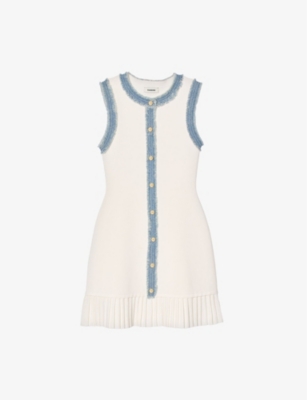 SANDRO: Ruffle-hem contrast-trim stretch-knit mini dress