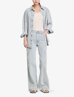 SANDRO WOMENS DENIM - JEAN RHINESTONE-EMBELLISHED WIDE-LEG DENIM JEANS 