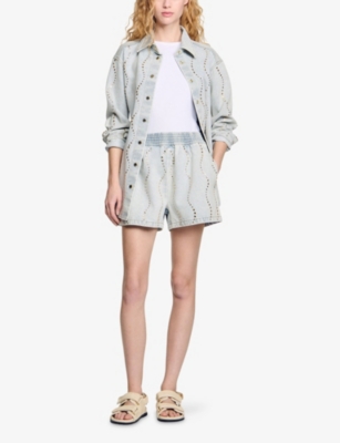 SANDRO: Rhinestone-Embellished Elasticated-Waist Denim Shorts