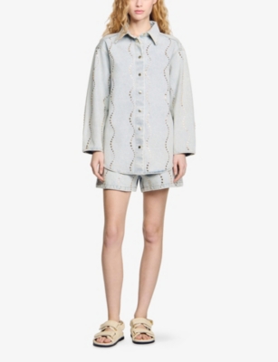 Sandro Womens  Long-sleeved Rhinestone-embellished Denim Shirt In Denim - Jean