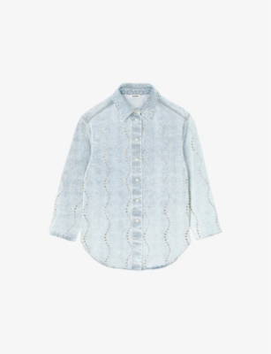 Sandro Womens  Long-sleeved Rhinestone-embellished Denim Shirt In Denim - Jean