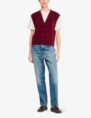 Sandro Womens Bordeaux Two-in-one Short-sleeved Wool And Cashmere Top In Red