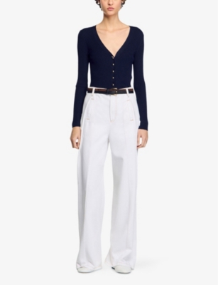 Shop Sandro Womens Bleus V-neck Slim-fit Knitted Cardigan