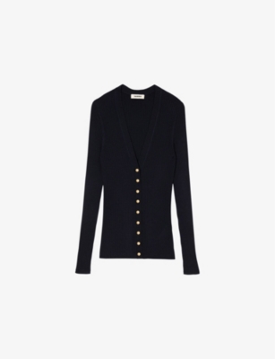 Shop Sandro Womens Bleus V-neck Slim-fit Knitted Cardigan