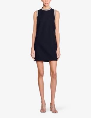 Sandro Womens  Rhinestone-embellished Round-neck Sleeveless Stretch-woven Mini Dress In Noir / Gris