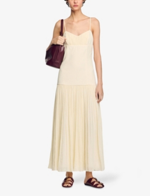 SANDRO WOMENS SLEEVELESS V-NECK WOVEN MAXI DRESS NATURELS 