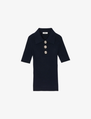 Sandro Womens Short-sleeved Knitted Polo Shirt Bleus In Bleus