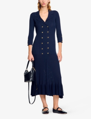 Sandro Olympe Double Breasted Pointelle Maxi Dress In Bleus