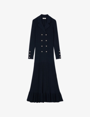 Sandro Olympe Double Breasted Pointelle Maxi Dress In Bleus