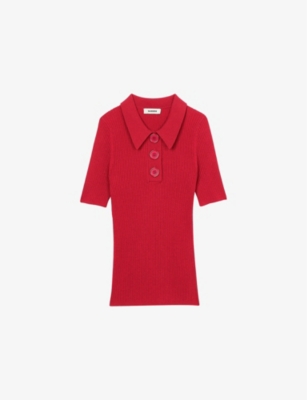 Sandro Womens  Ribbed Slim-fit Knitted Polo Shirt In Rouges